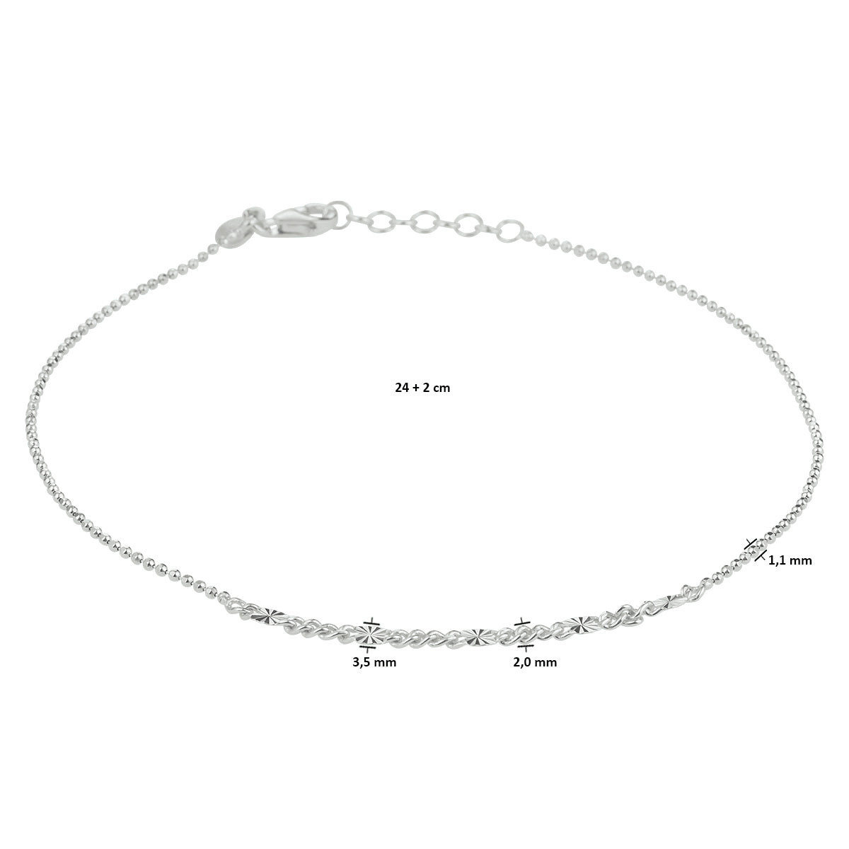 YO&NO enkelbandje 1,1 mm 24 + 2 cm zilver gerhodineerd