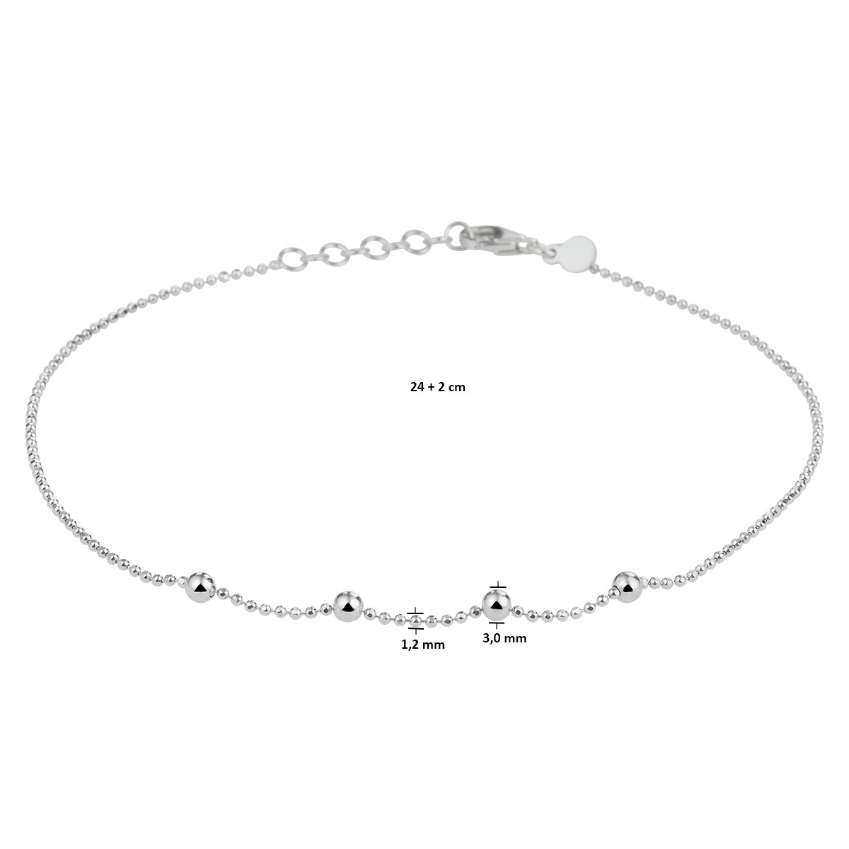 YO&NO enkelbandje bolletjes 1,2 mm 24 + 2 cm zilver gerhodineerd