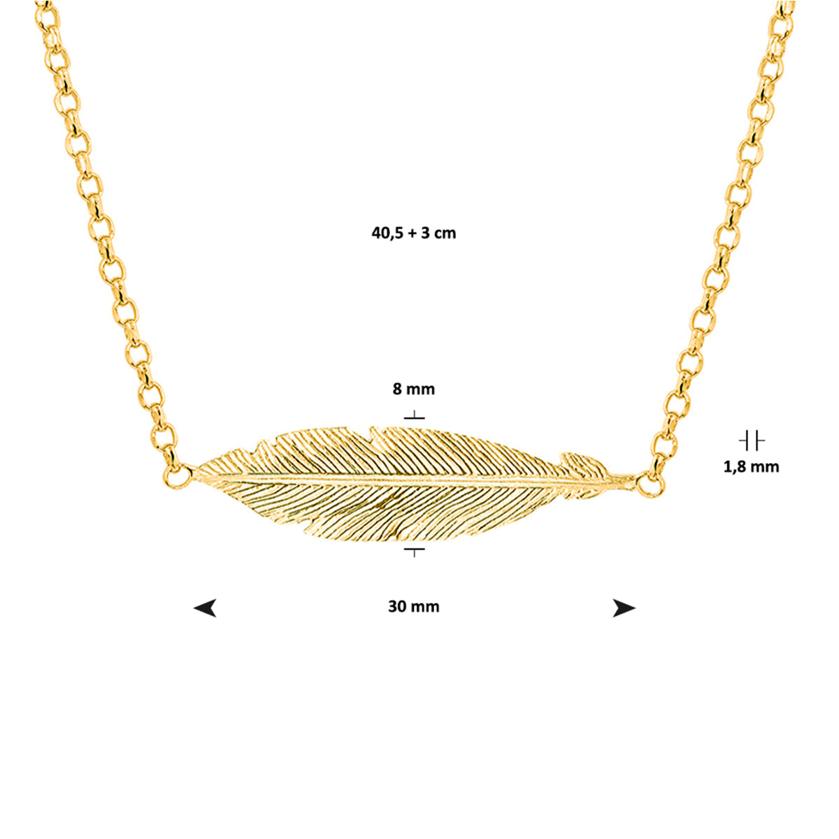 Ketting veer 40,5 + 3 cm 1 micron zilver verguld (geel) of zilver gerhodineerd