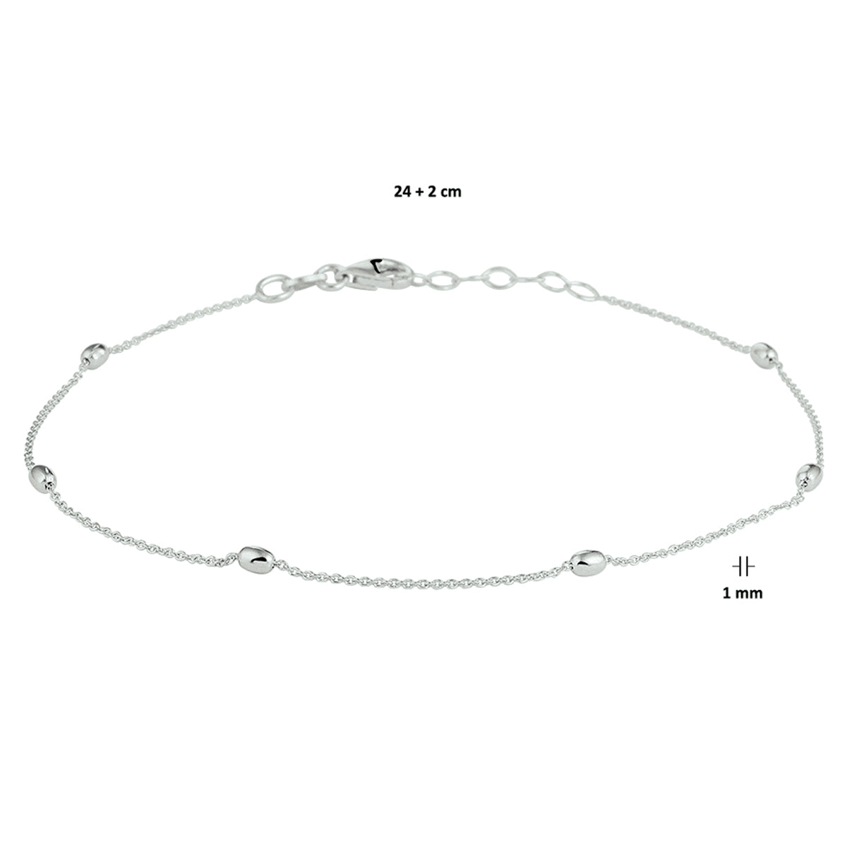 Enkelbandje bolletjes 2,5 mm 24 + 2 cm 1 micron zilver verguld (geel) of zilver gerhodineerd