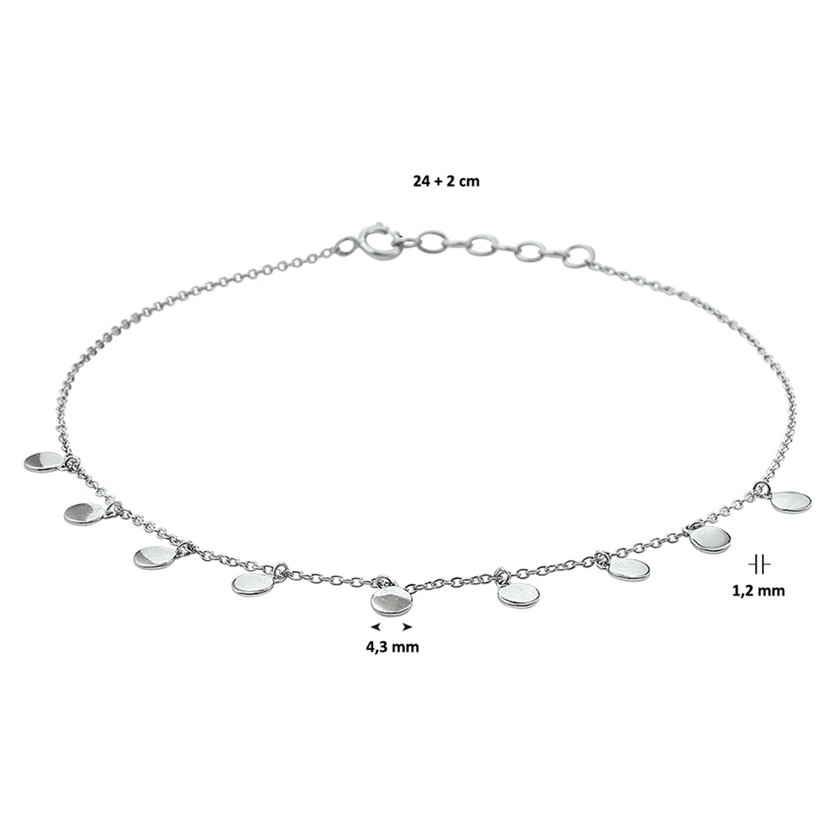 Enkelbandje rondjes 24 + 2 cm zilver verguld (geel) of zilver gerhodineerd
