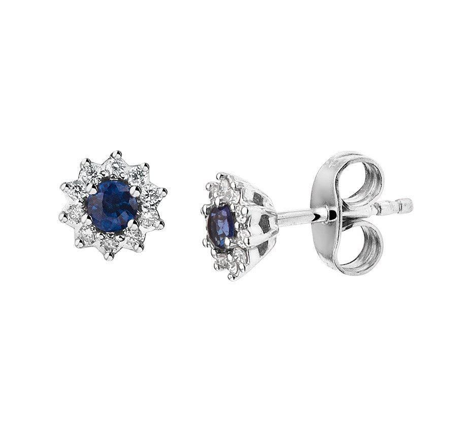 Witgouden oorknopjes saffier en diamant 6 mm