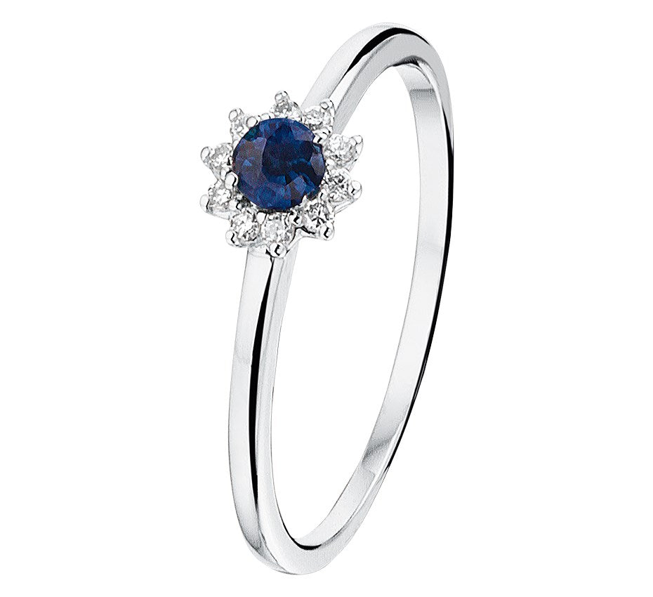 Witgouden ring met saffier en diamant 0,07 ct