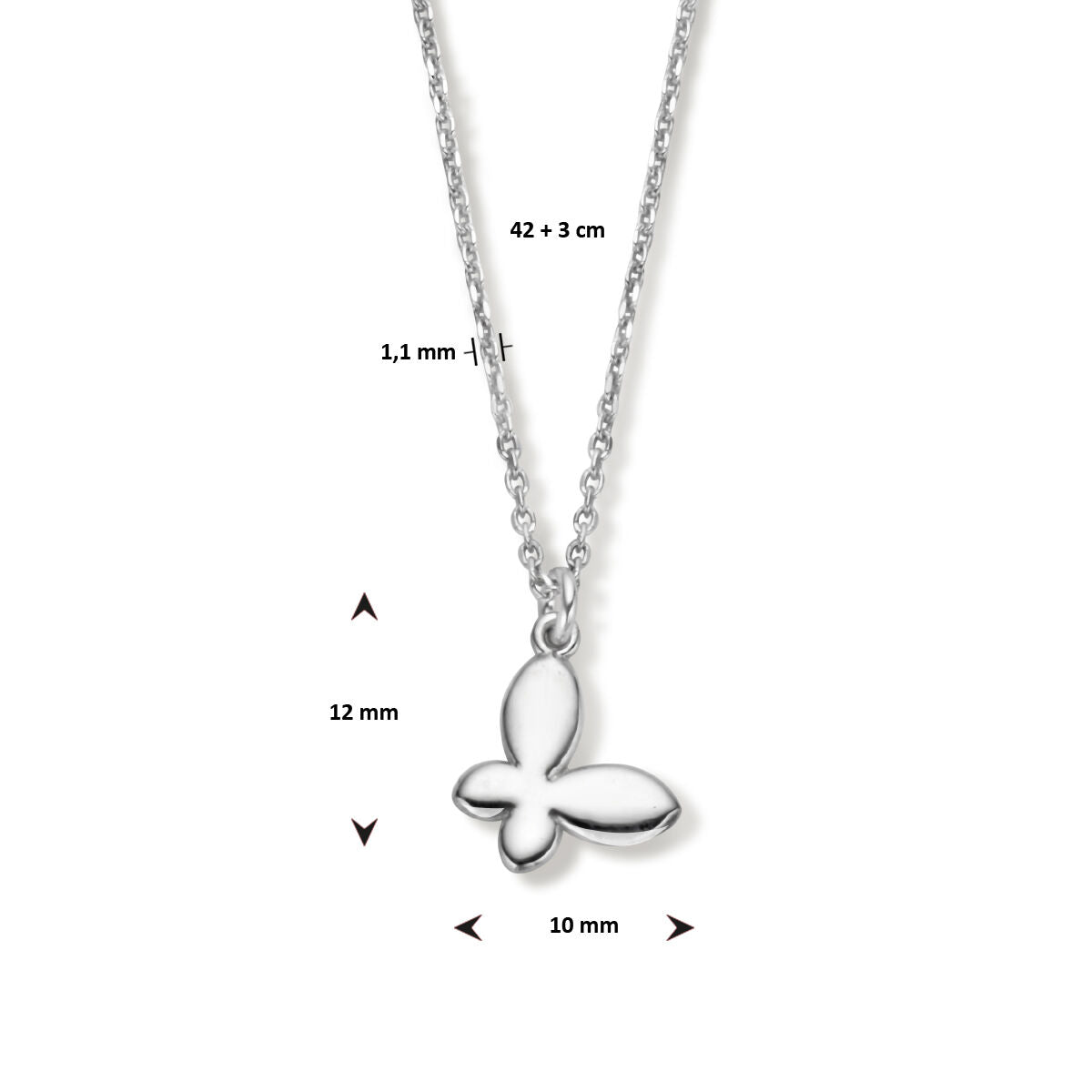 Ketting vlinder 42 + 3 cm zilver gerhodineerd