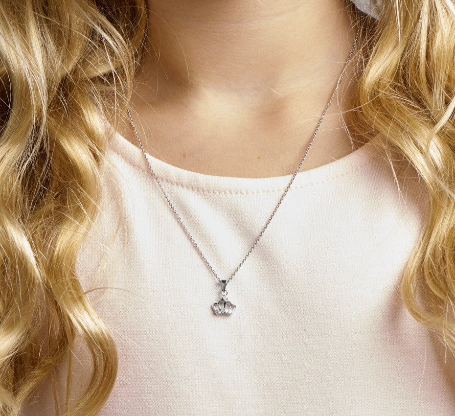 Ketting kroon zirkonia 36 + 4 cm (kindercollectie) zilver gerhodineerd