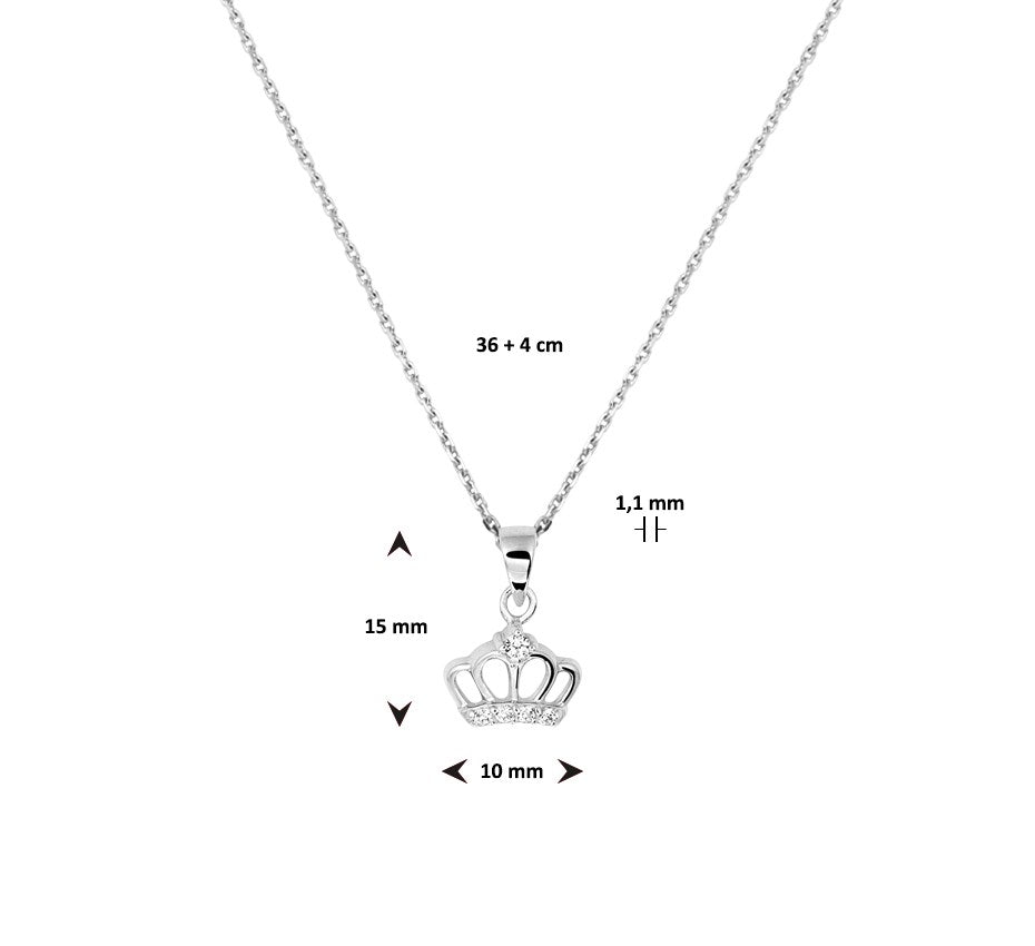 Ketting kroon zirkonia 36 + 4 cm (kindercollectie) zilver gerhodineerd