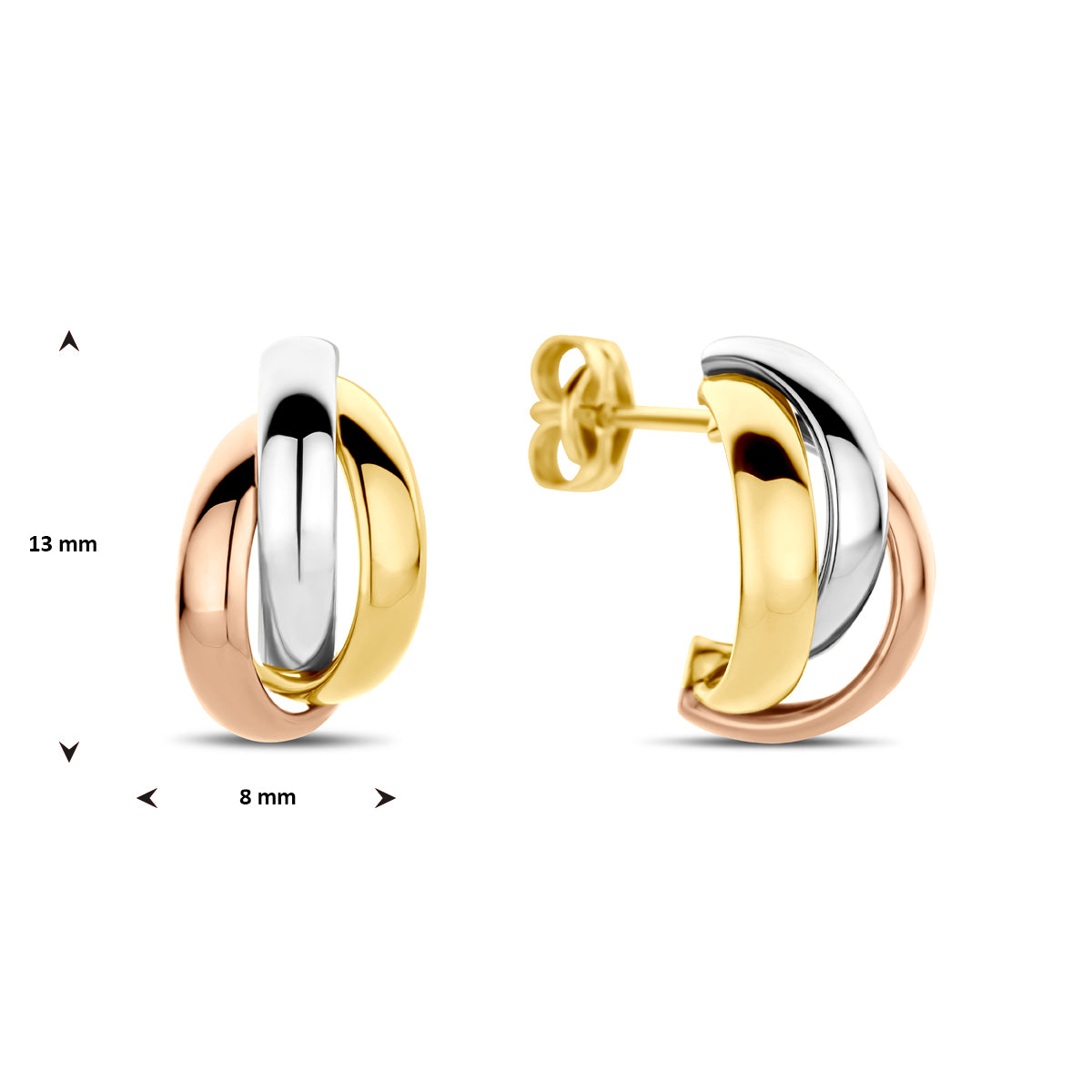 Oorringen steker 13 mm 14k geelgoud of 14k tricolor goud