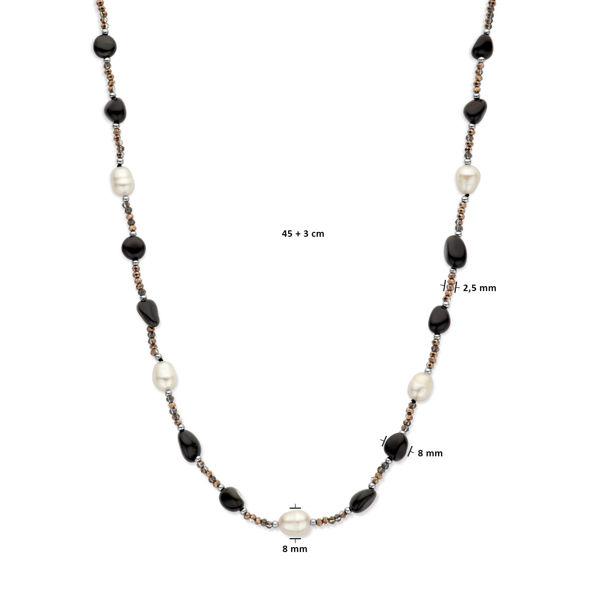 YO&NO ketting parel, onyx en hematiet 45 + 3 cm zilver gerhodineerd