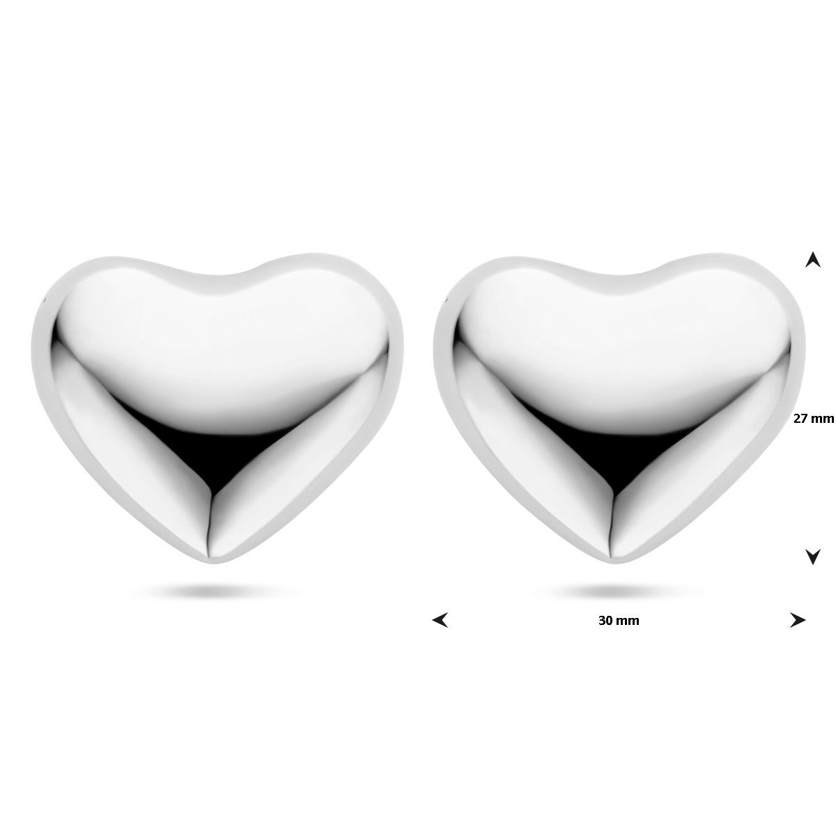 Oorknoppen hartjes 27 mm zilver gevuld of zilver gerhodineerd