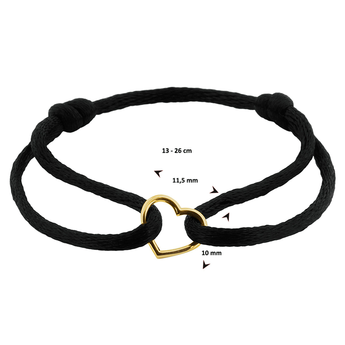 Armband satijn hart 14k goud met rubber/nylon/leer