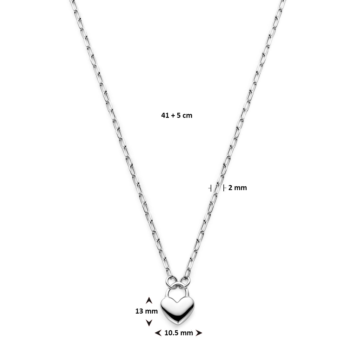 Ketting hartje 41 + 5 cm zilver gerhodineerd