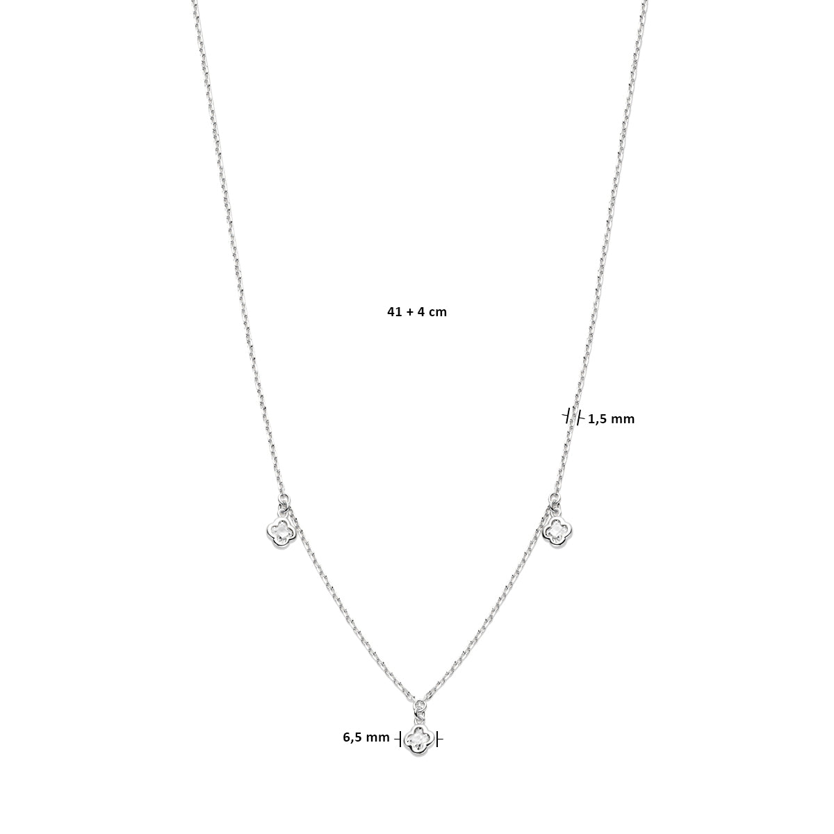 YO&NO ketting klavertjes zirkonia 41 + 4 cm zilver gerhodineerd of zilver verguld