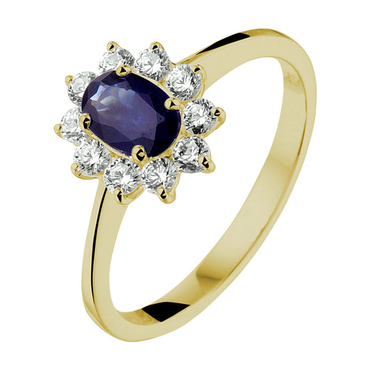 Ring saffier zirkonia halo 14k geelgoud