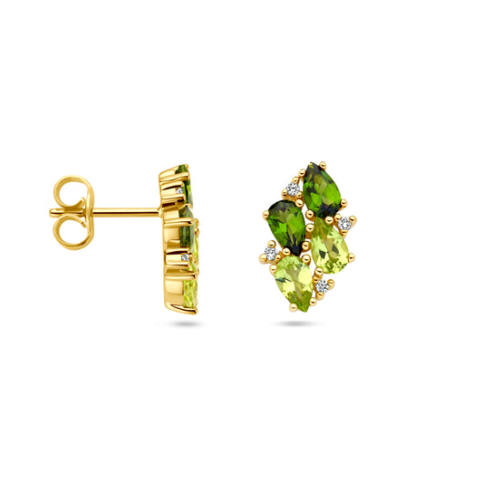 Ooknoppen groen toermalijn, peridot en diamant 0.05ct (2x 0.025ct) h si 14k geelgoud