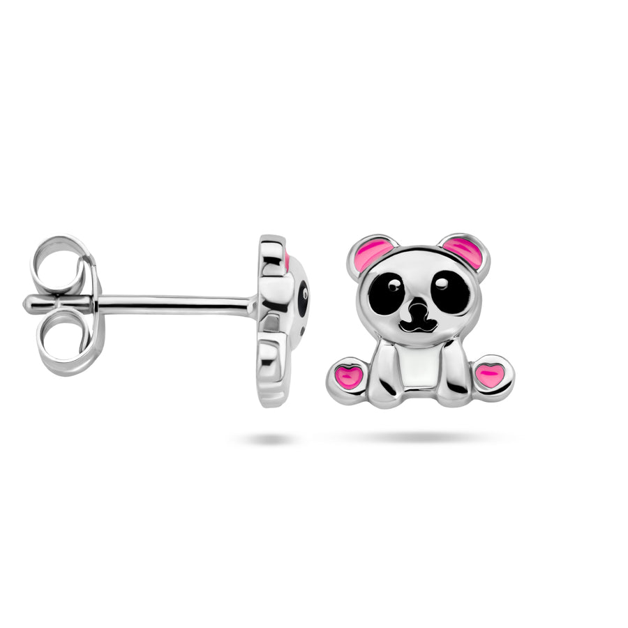 Zilveren oorknopjes panda met emaille
