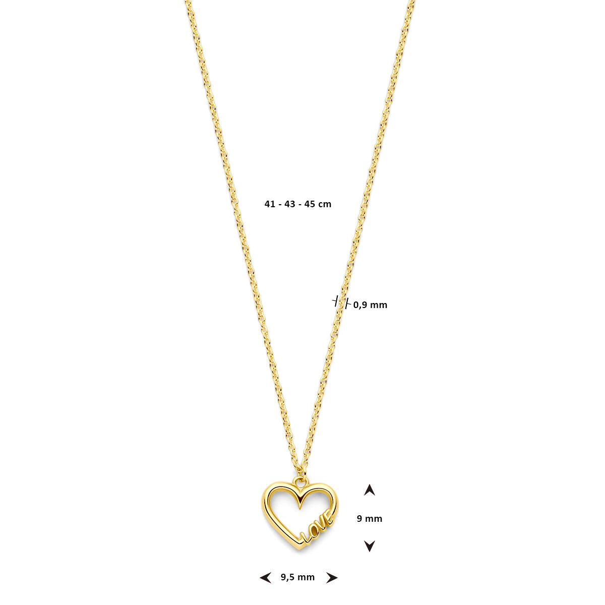 Ketting hartje en love 0,9 mm 14k geelgoud