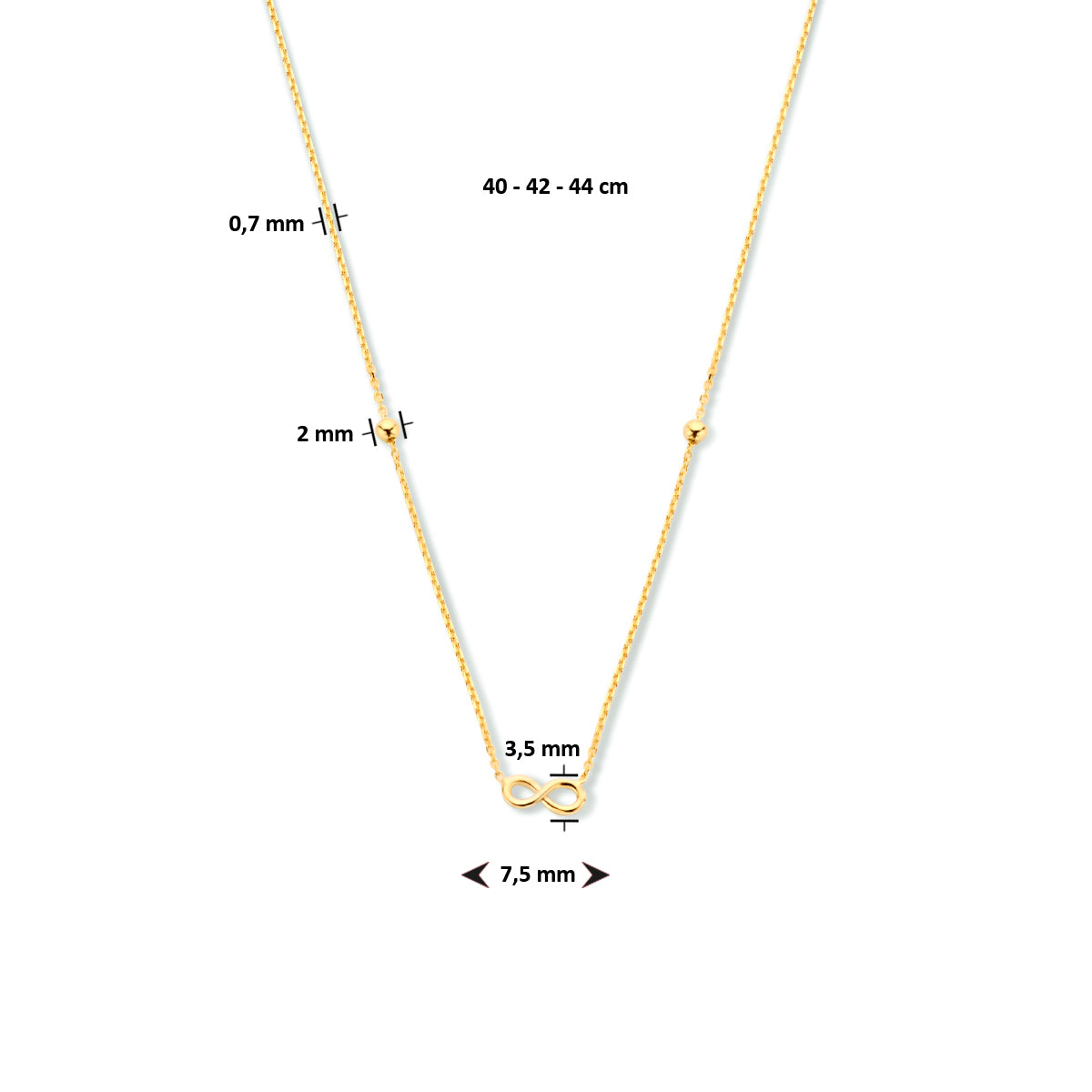 Ketting infinity met bolletjes 40 - 42 - 44 cm 14k geelgoud