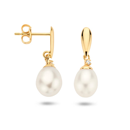 Gouden oorhangers met parel en zirkonia – 14 karaat – zijaanzicht