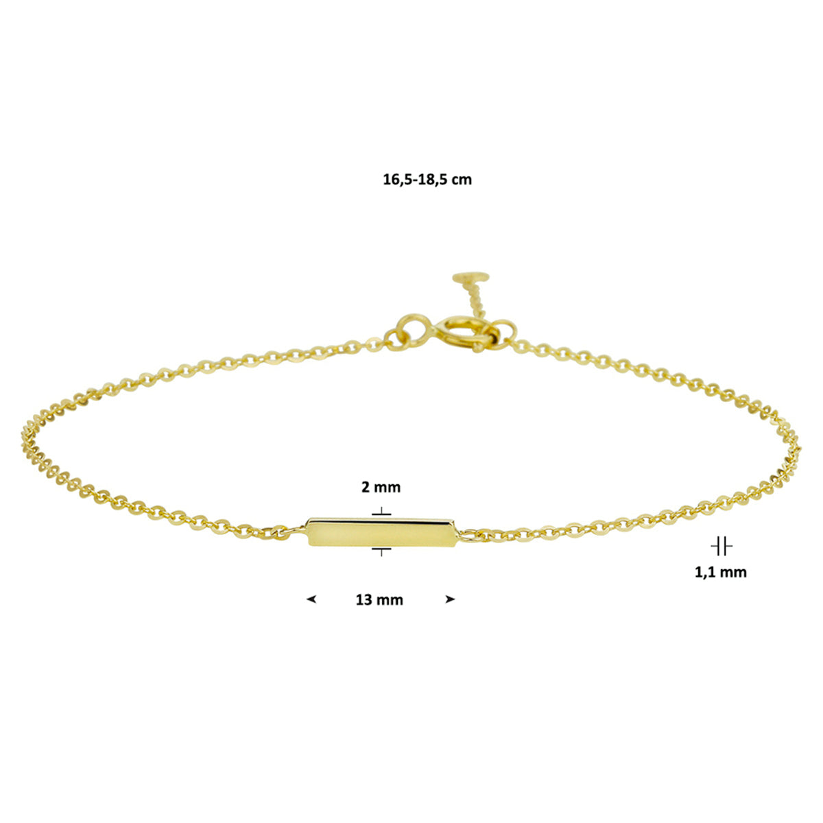 YO&NO armband balkje 16,5 - 18,5 cm met of zonder zirkonia 14k geelgoud