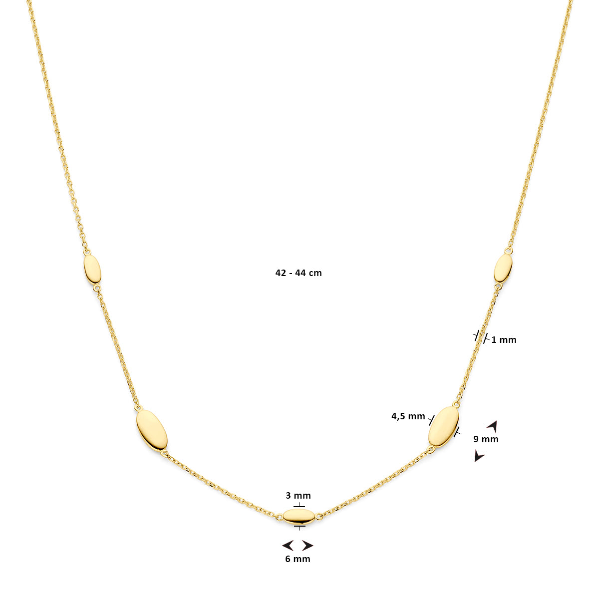 YO&NO ketting ovaaltjes 42 – 44 cm 14k geelgoud