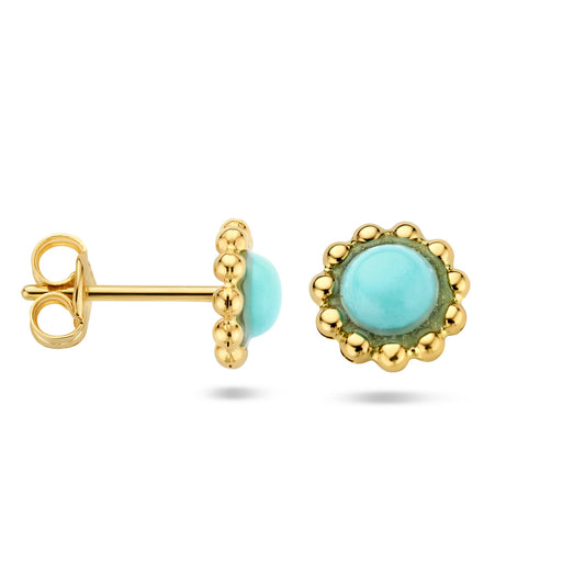 Oorknoppen synth. turquoise of met parel 14k geelgoud