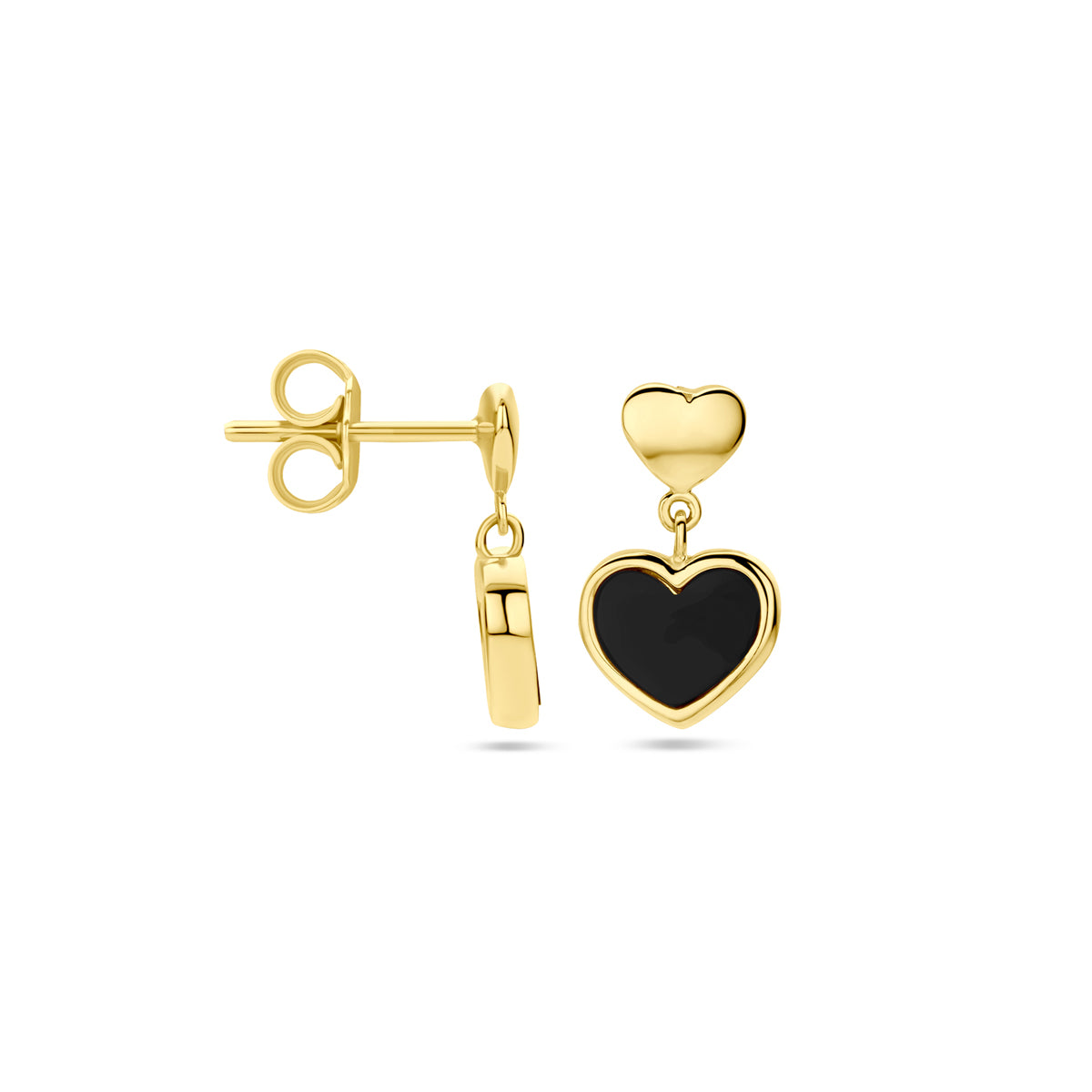 Oorhangers hartjes met onyx of parelmoer 14k geelgoud