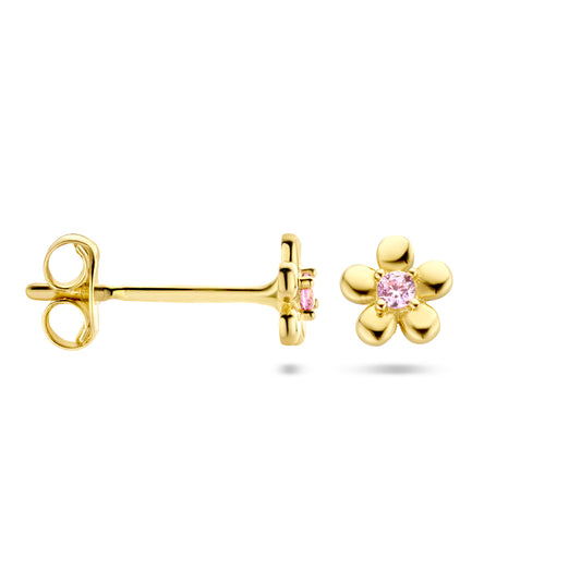 Oorknoppen bloem roze zirkonia (kindercollectie) 14k geelgoud