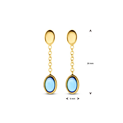 Gouden oorhangers met london blue topaas – 14 karaat – close-up van de sluiting