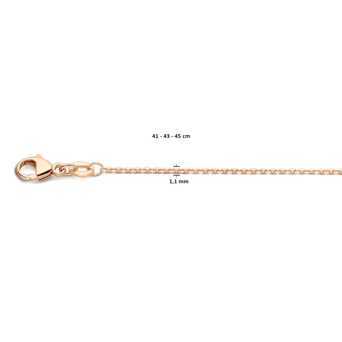 Armband of ketting anker gediamanteerd 1,1 mm 14k of 18k wit, geelgoud of rosegoud