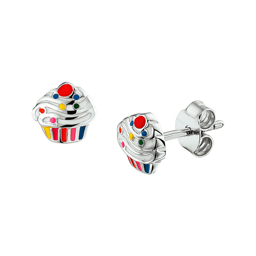 Zilveren oorknopjes cupcake met emaille