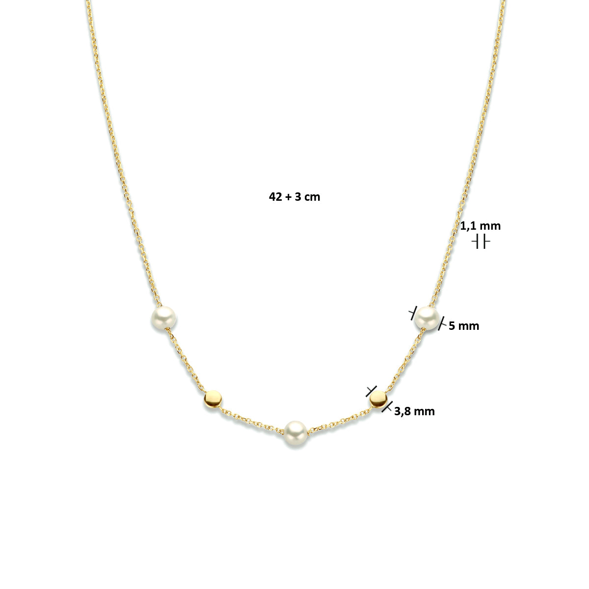 Ketting parels 42 + 3 cm 14k geelgoud