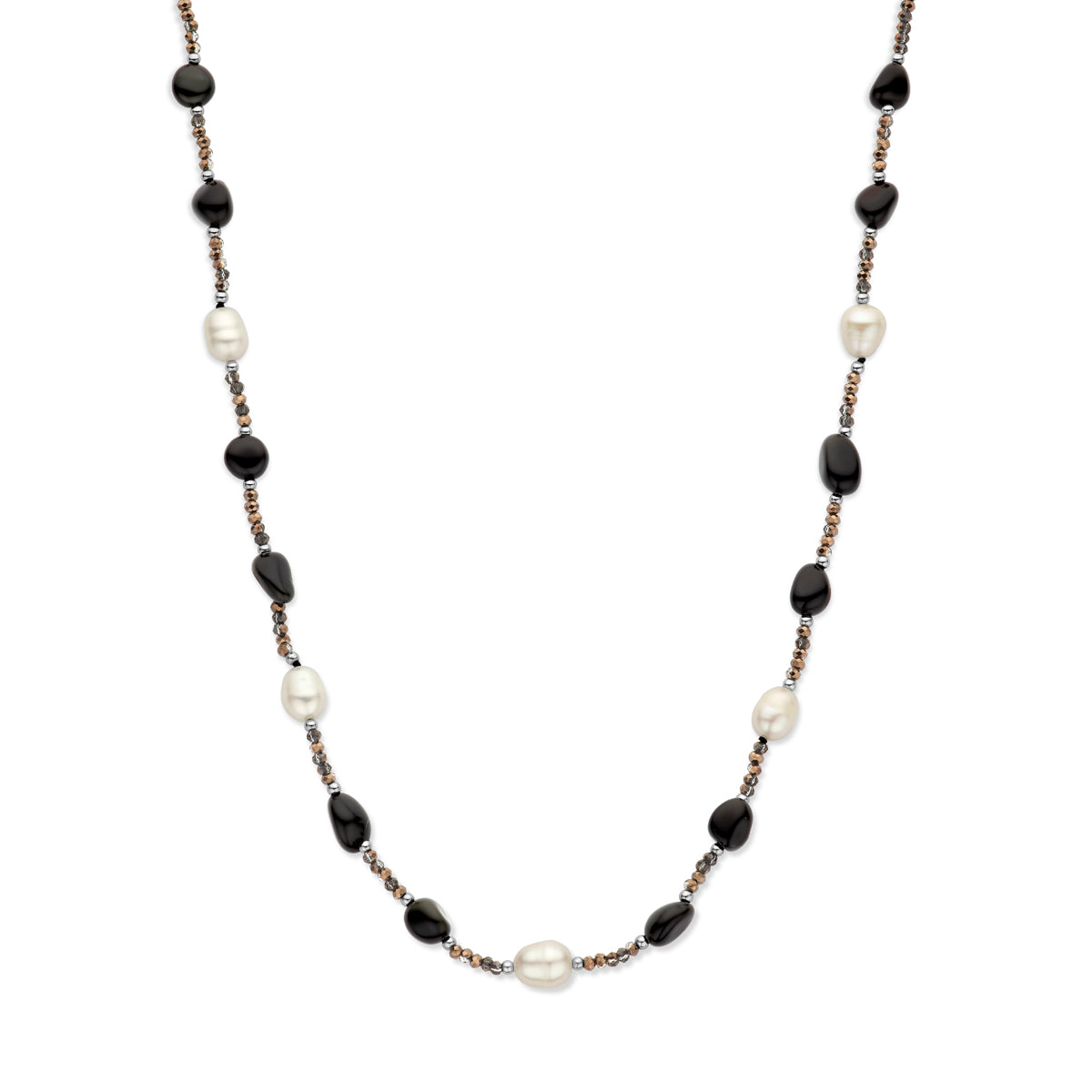 YO&NO ketting parel, onyx en hematiet 45 + 3 cm zilver gerhodineerd