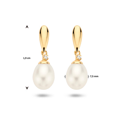 Gouden oorhangers met parel en zirkonia – 14 karaat – formaat vergeleken