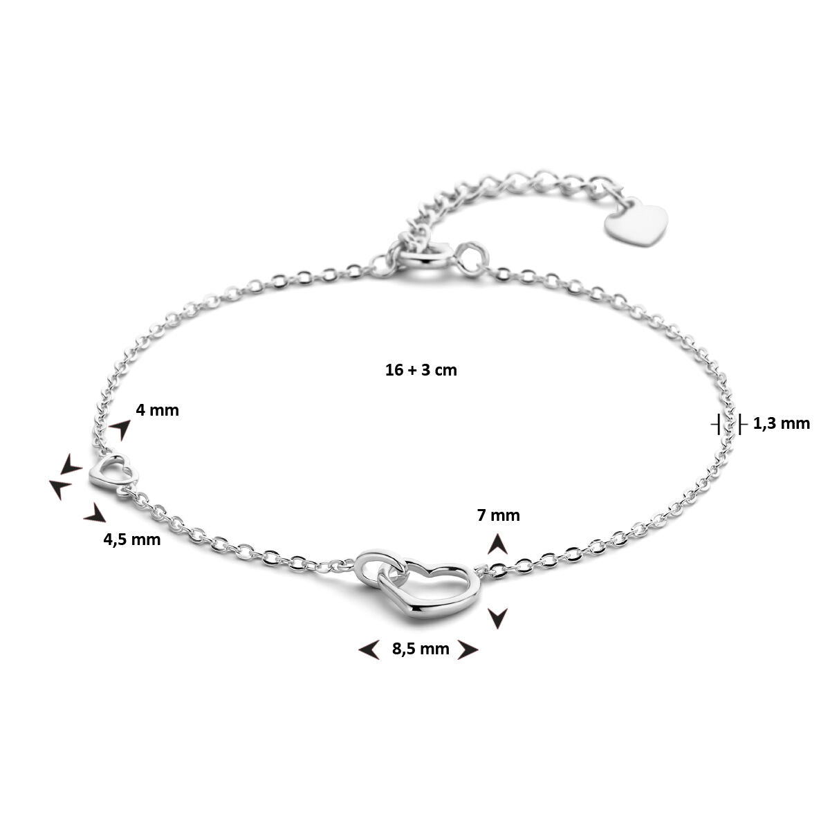 YO&NO Armband hartjes - 16 + 3 cm - Zilver gerhodineerd of Zilver verguld