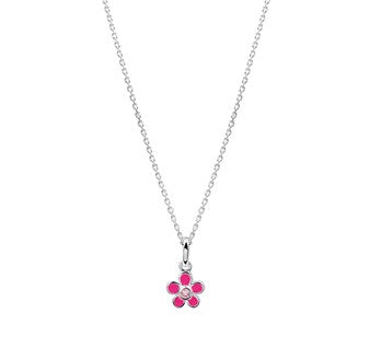 Zilveren kinderketting bloem met roze zirkonia
