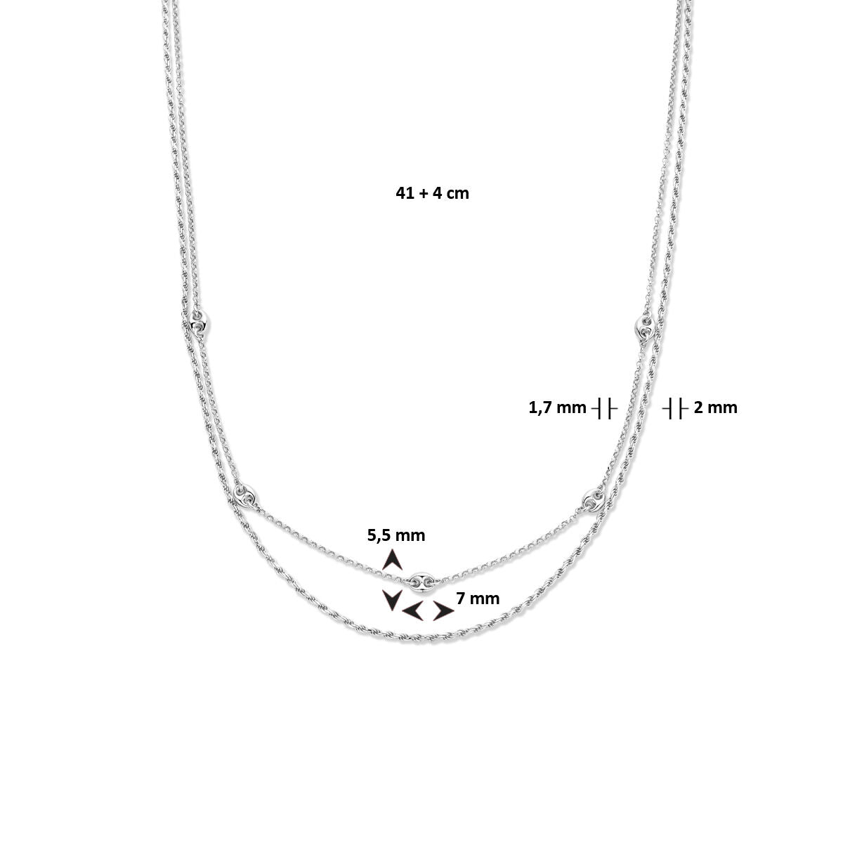 YO&NO multi-collier 2,0 mm 41 + 4 cm Zilver gerhodineerd