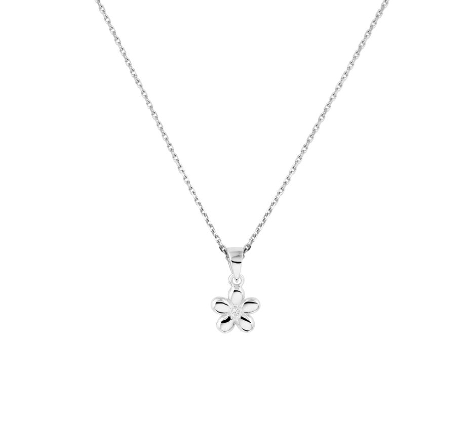 Zilveren kinderketting met bloem en zirkonia