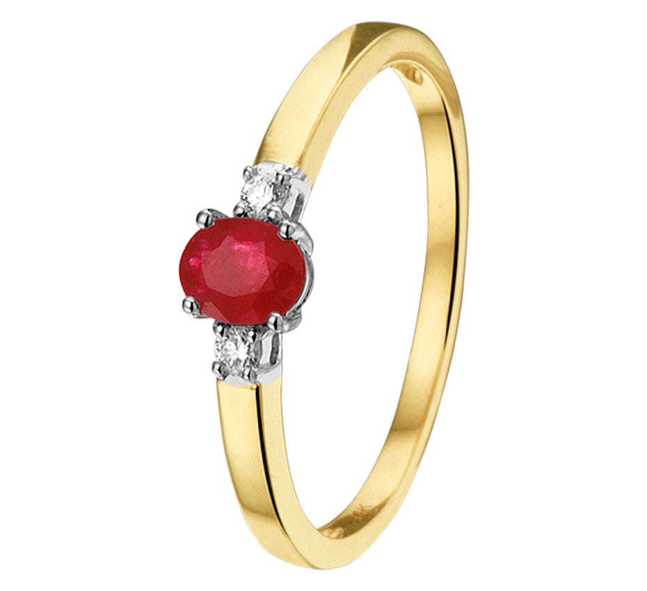 Bicolor gouden ring met robijn en diamant – 14 karaat