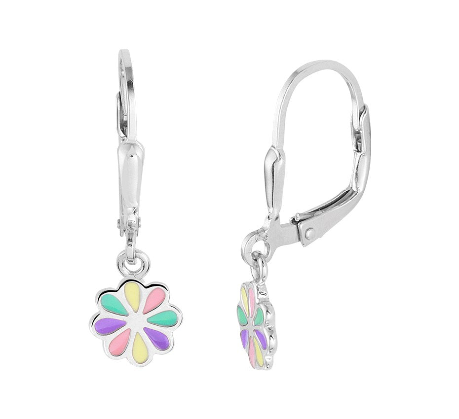 Zilveren oorhangers met bloem van emaille
