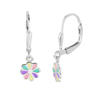 Zilveren oorhangers met bloem van emaille