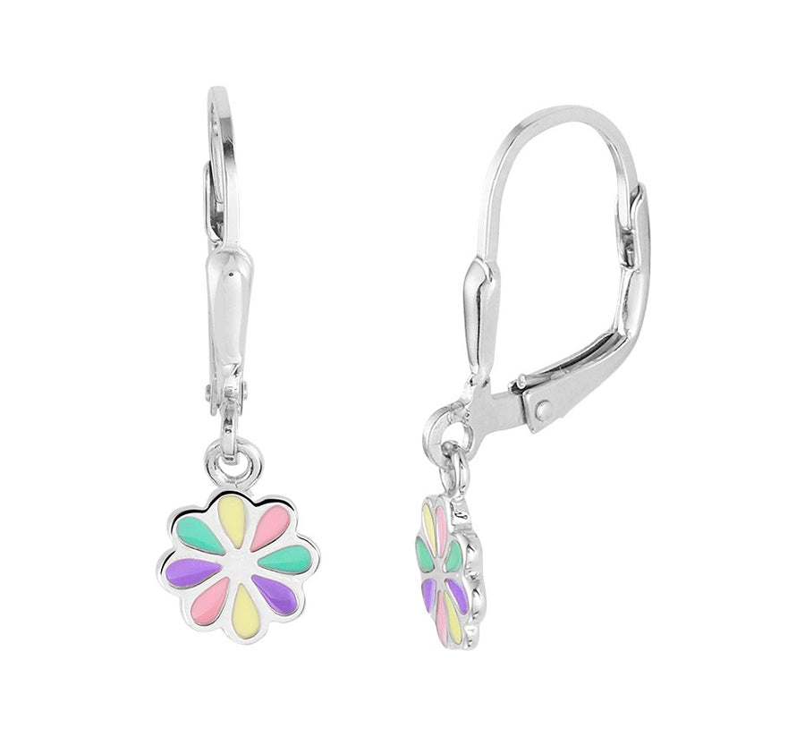 Zilveren oorhangers met bloem van emaille
