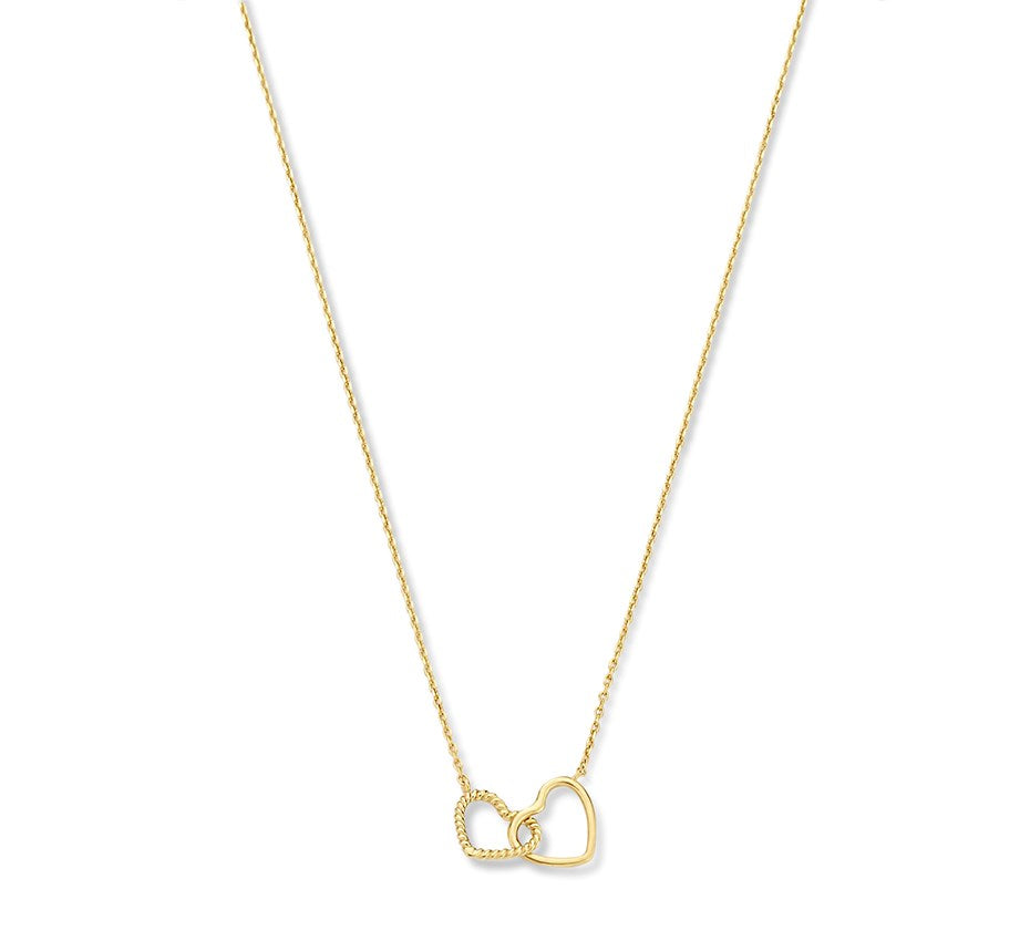 Gouden ketting met twee hartjes – 14 karaat