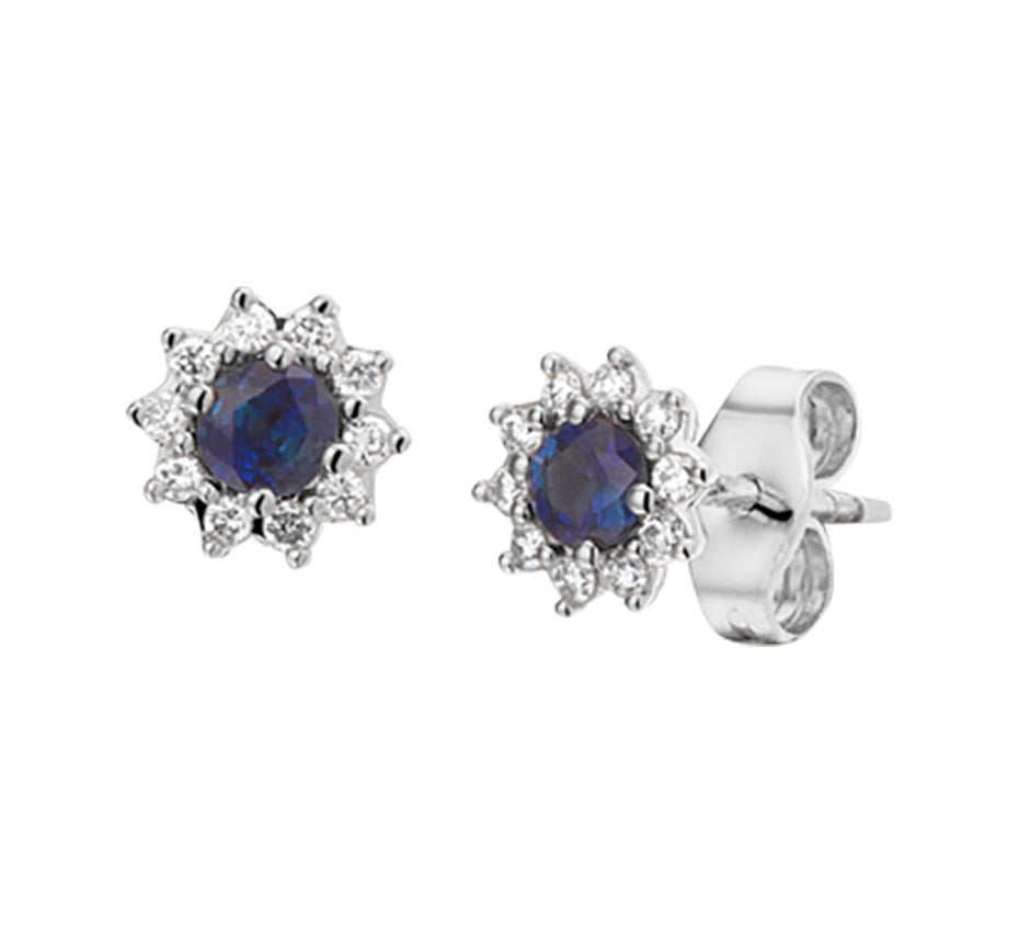 Witgouden oorknopjes saffier en diamant 7 mm