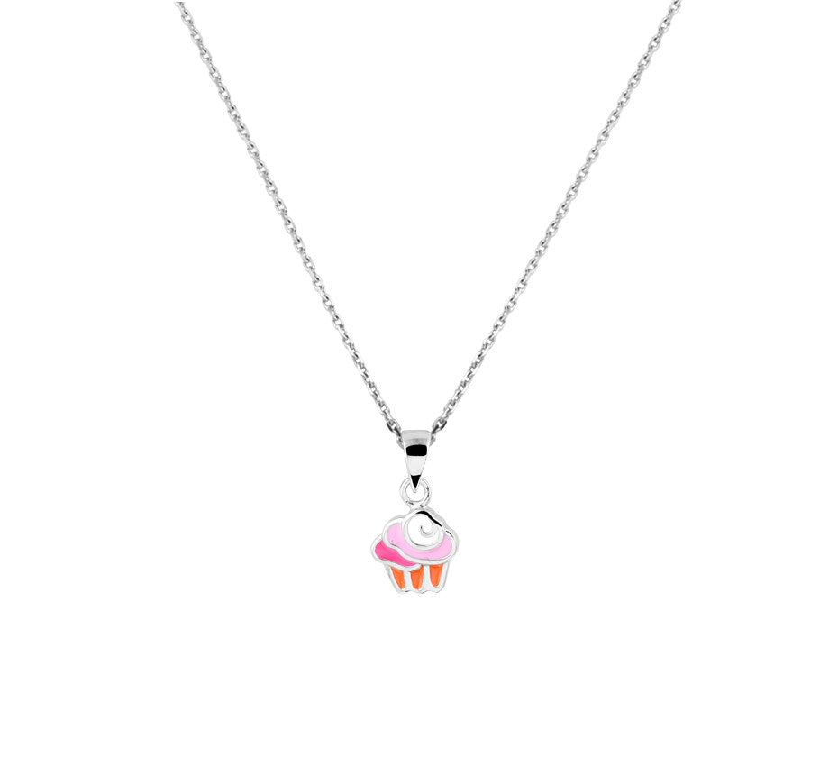 Zilveren kinderketting met cupcake van emaille