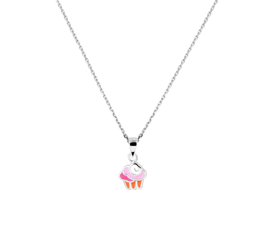 Zilveren kinderketting met cupcake van emaille
