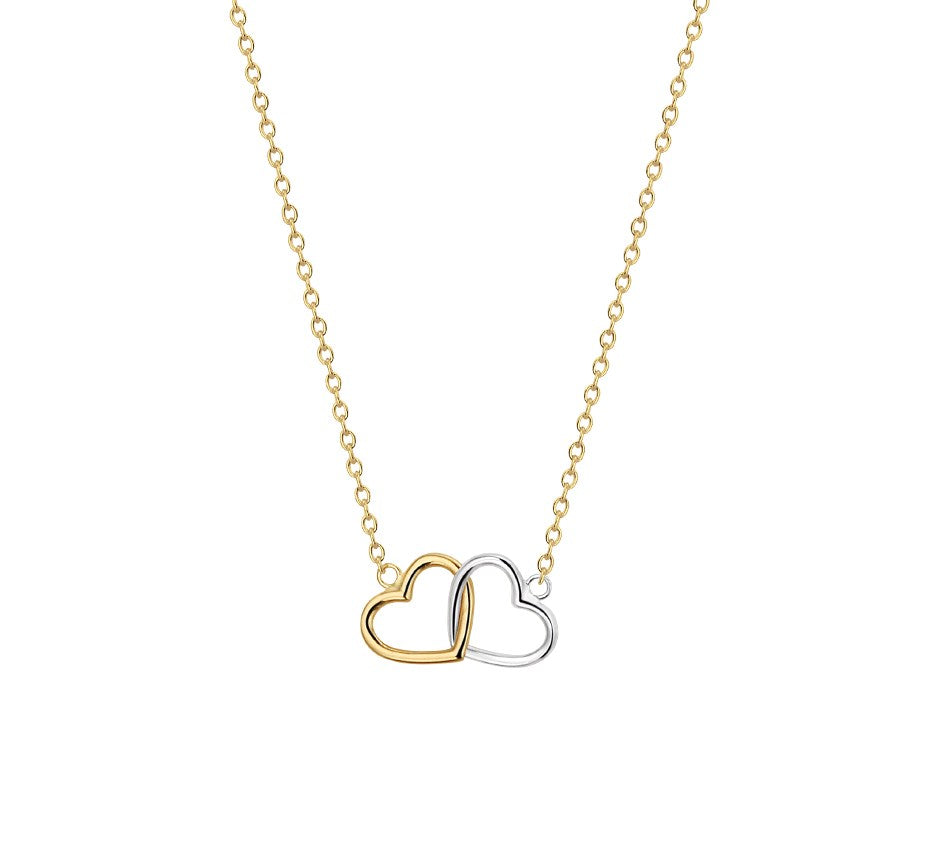 Bicolor gouden ketting met twee hartjes – 14 karaat