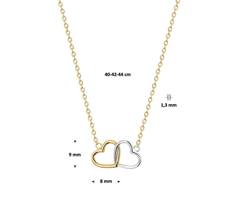 Bicolor gouden ketting met twee hartjes – 14 karaat