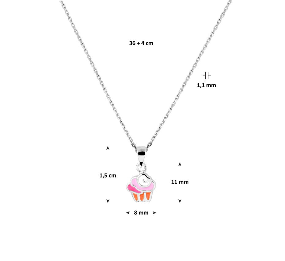 Zilveren kinderketting met cupcake van emaille