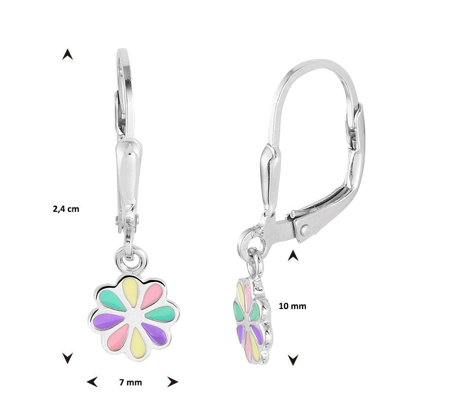 Zilveren oorhangers met bloem van emaille