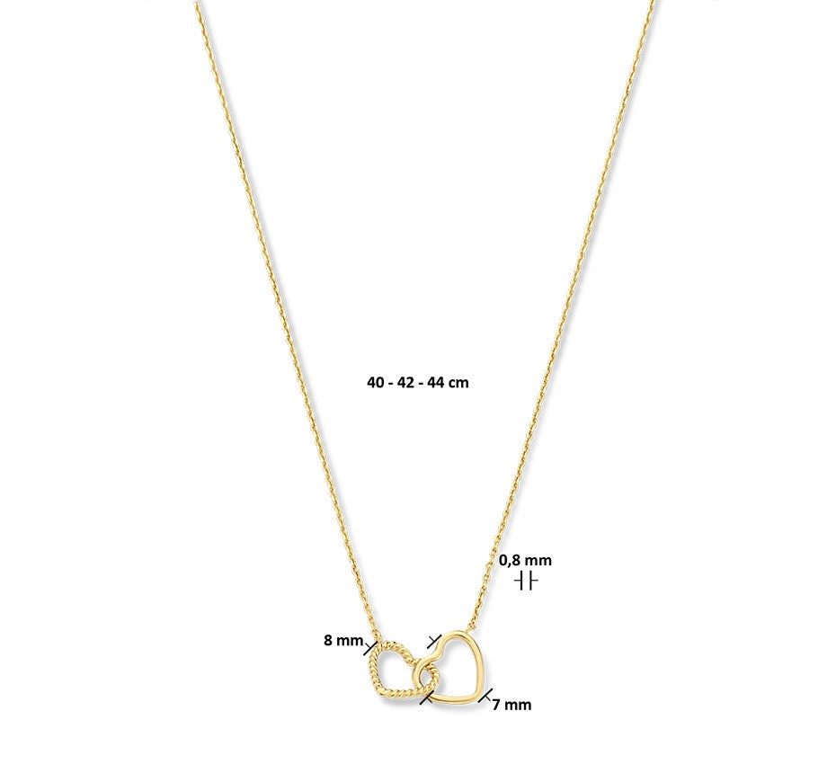 Gouden ketting met twee hartjes – 14 karaat